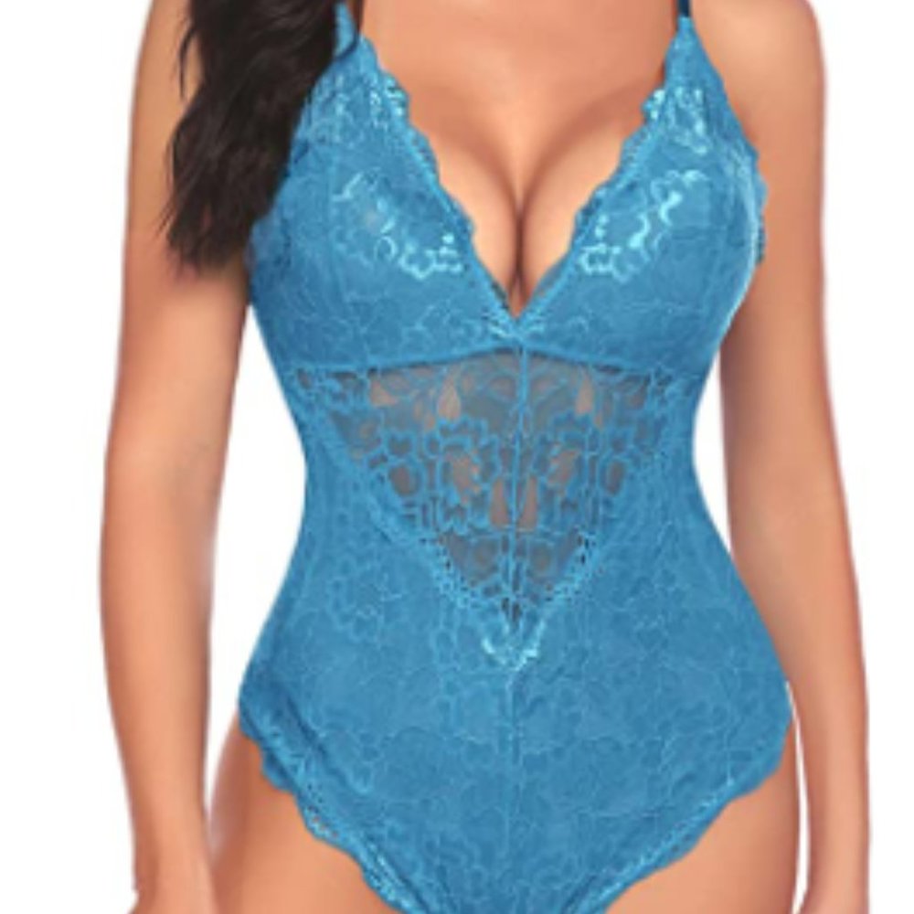 Aqua Green Snap Crotch Lingerie Sexy Lace Bodysuit Deep V Teddy One Piece